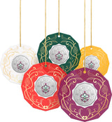 Decorative circular 50 cent coins  in ornament frame hanging  in various colors with intricate designs on a white background