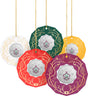 Decorative circular 50 cent coins  in ornament frame hanging  in various colors with intricate designs on a white background
