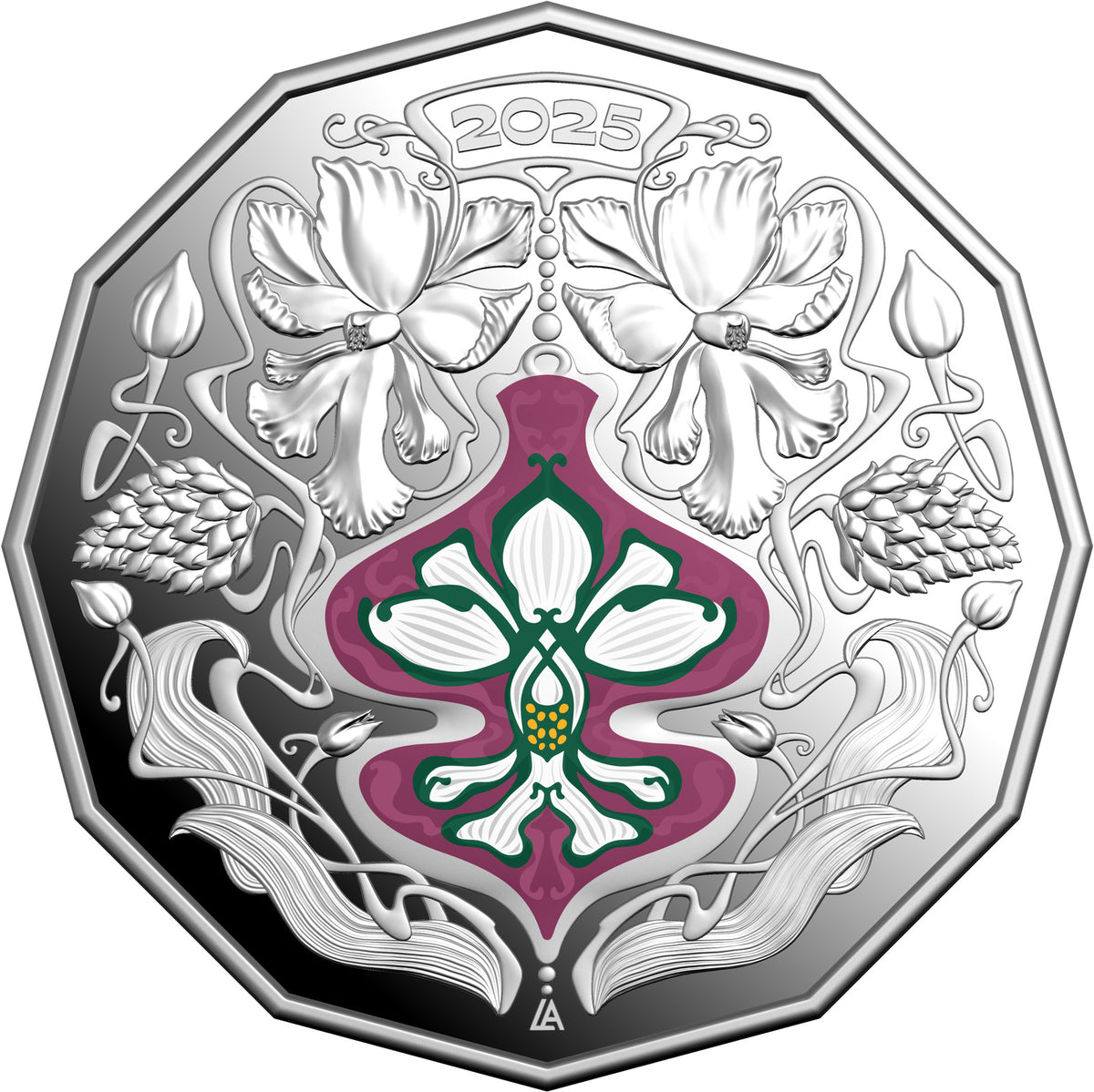 Decorative coin with floral design and '2025' text on a white background