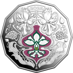 Decorative coin with floral design and '2025' text on a white background