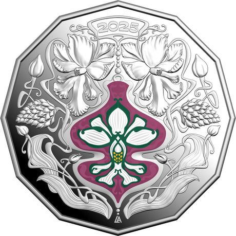 Decorative coin with floral design and '2025' text on a white background