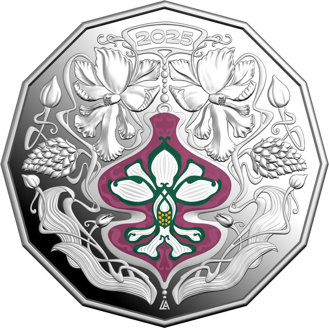 Decorative coin with floral design and '2025' text on a white background