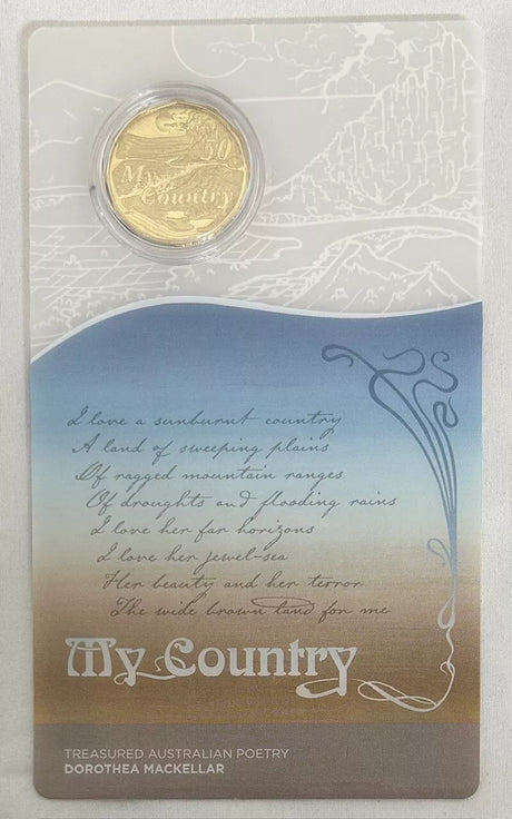  Front of the My Country presentation card, showing the encapsulated 50-cent coin and an excerpt from the poem.