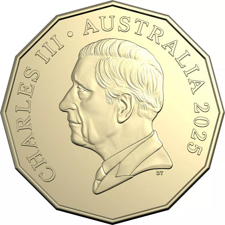 Australia 2025 50-cent coin obverse, featuring King Charles III’s portrait.