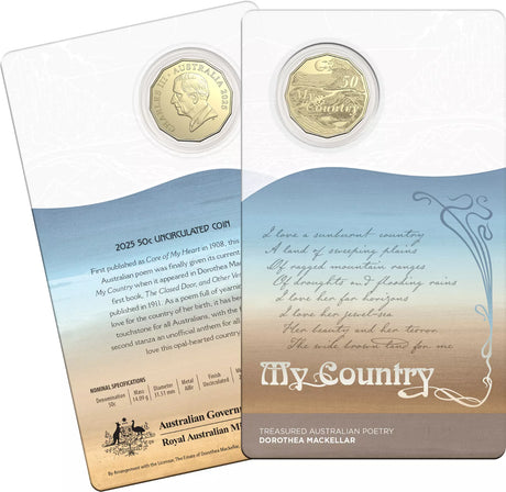  My Country coin presentation card shown front and back, with the landscape reverse, King Charles III obverse and poem excerpt.