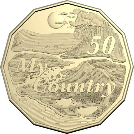 My Country 50-cent coin reverse, showing rivers, plains and mountain scenery inspired by Dorothea Mackellar’s poem.