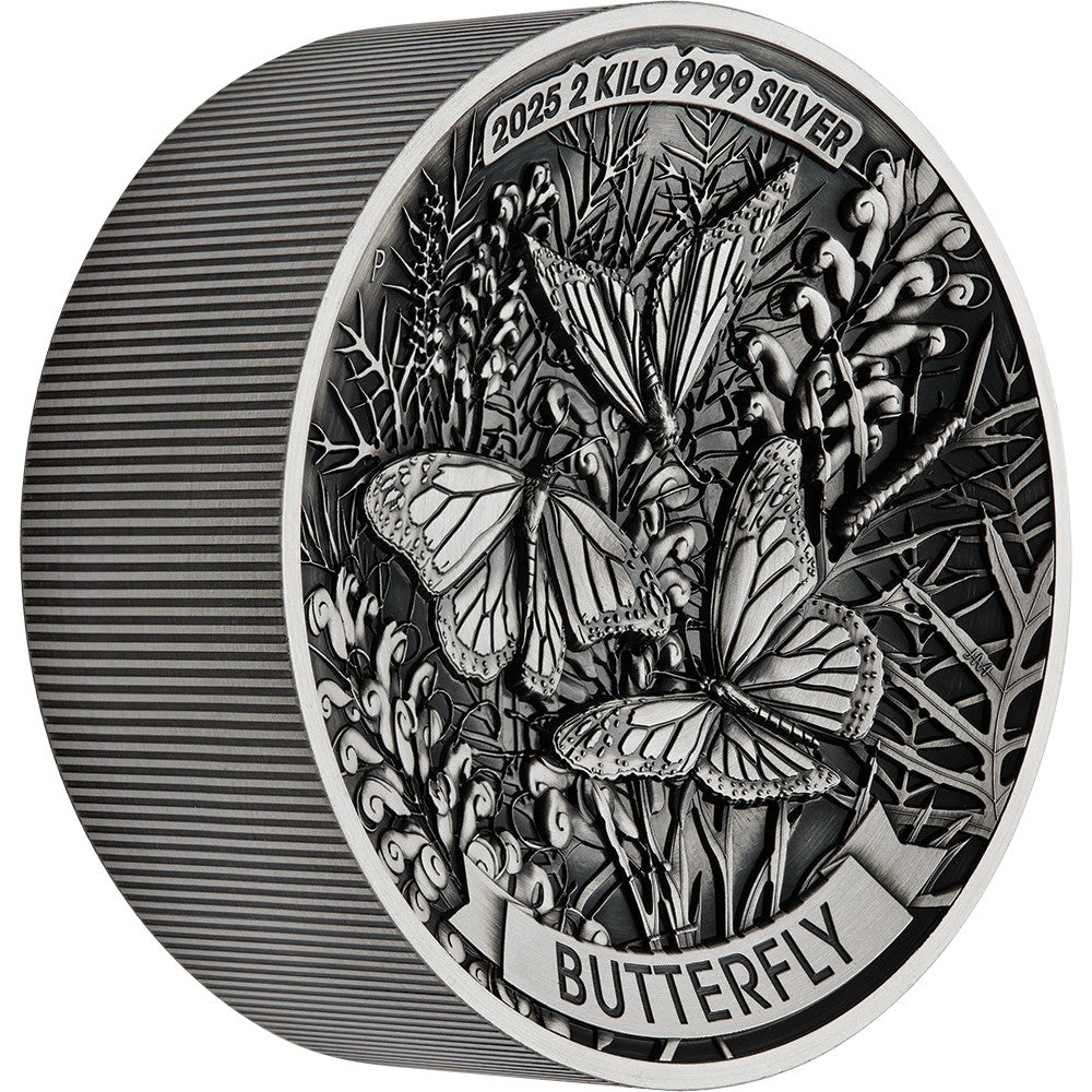 Silver coin featuring butterflies and foliage with 'Butterfly' text on a white background