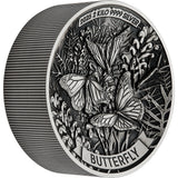 Silver coin featuring butterflies and foliage with 'Butterfly' text on a white background