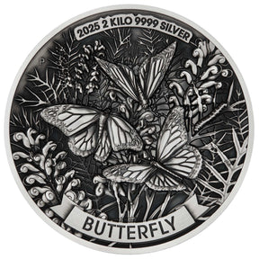 Silver butterfly coin with detailed design and text on a white background