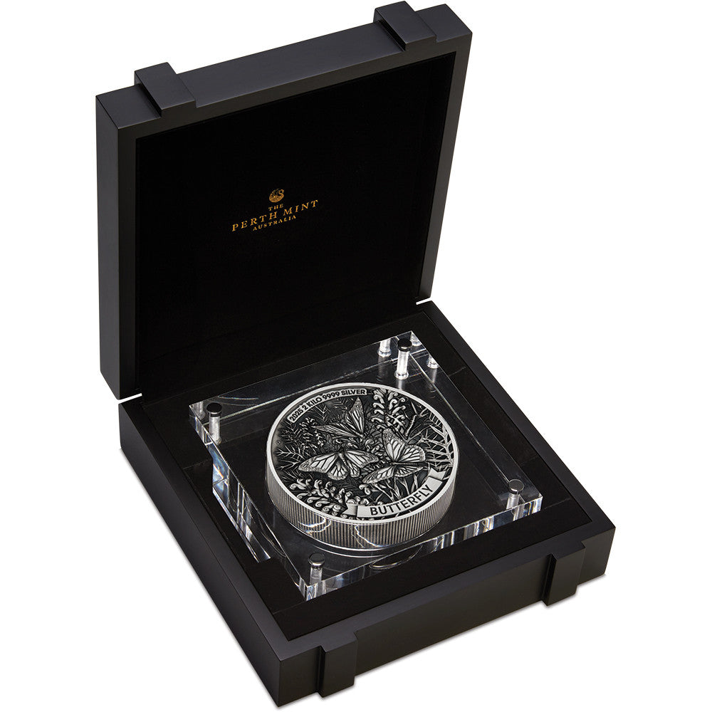 Silver coin with butterfly design in a black display case