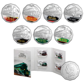 Set of Cupro Nickel coins with train designs and a display folder on a white background