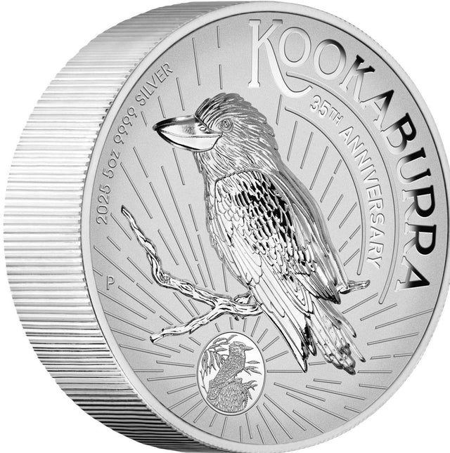 Angled view of the Australia 2025 Kookaburra 35th Anniversary 5oz silver coin, showing the incused bird design, anniversary privy mark and reeded edge.
