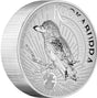 Angled view of the Australia 2025 Kookaburra 35th Anniversary 5oz silver coin, showing the incused bird design, anniversary privy mark and reeded edge.
