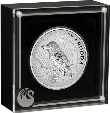 Kookaburra 35th Anniversary 5oz silver coin displayed in a black presentation case with a clear lid and Perth Mint swan logo.