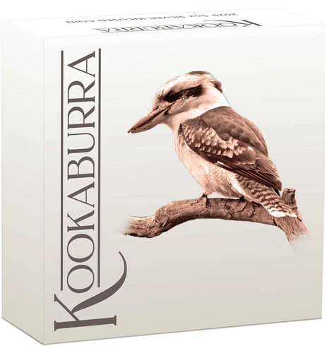 Illustrated packaging for the 2025 Kookaburra 5oz silver incused coin, showing a kookaburra perched on a branch.