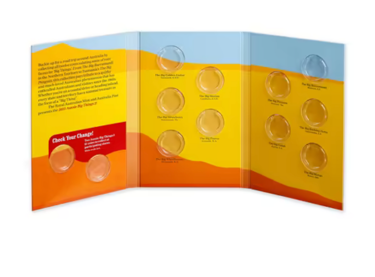 Coin collection display with six circular compartments on a colorful background