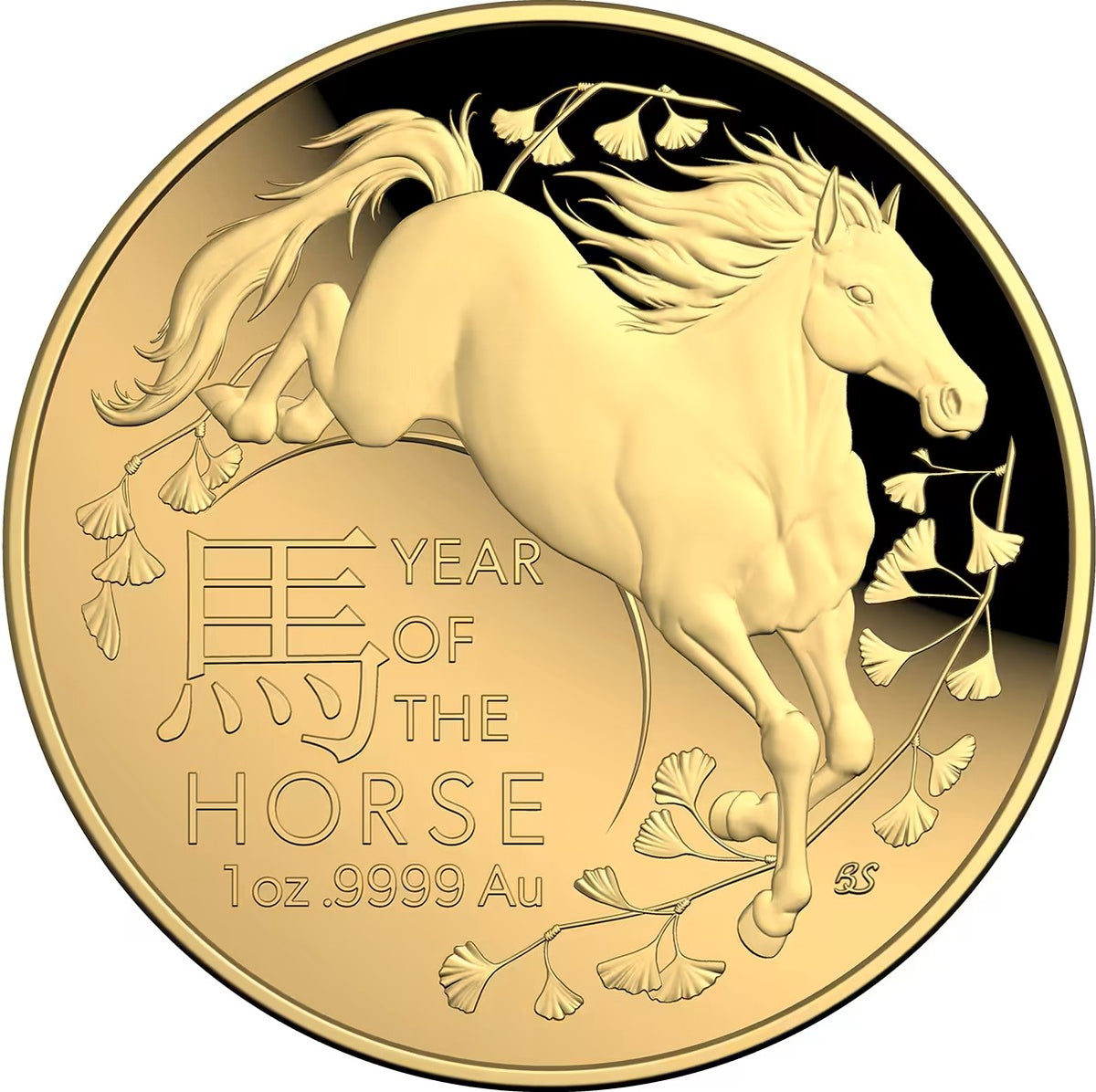 Gold coin featuring a horse and 'Year of the Horse' text on a black background