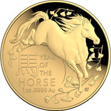 Gold coin featuring a horse and 'Year of the Horse' text on a black background