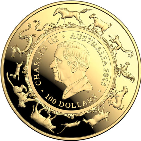 Gold coin with a portrait and animal illustrations, featuring 'Charles III' and 'Australia 2023'.