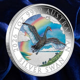 Reverse: 2026 Australian Swan 1 oz silver coloured coin with a black swan flying above a lake and rainbow, with P10 mintmark.