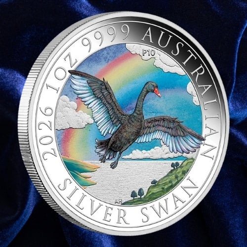 Reverse: 2026 Australian Swan 1 oz silver coloured coin with a black swan flying above a lake and rainbow, with P10 mintmark.