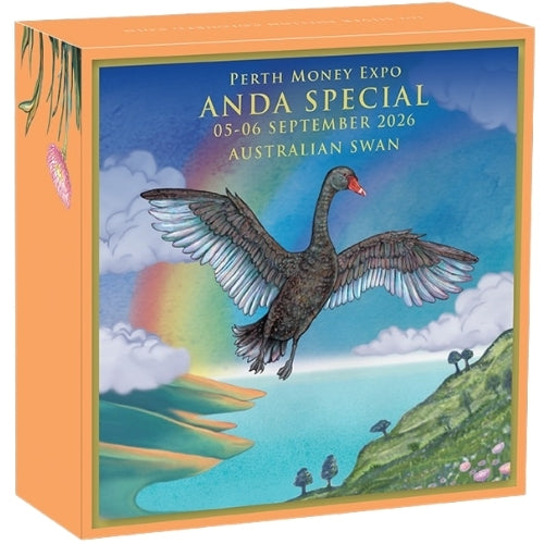 Outer box: Illustrated Australian Swan packaging for the Perth Money Expo ANDA Special, dated 5–6 September 2026.