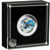 Display case: 2026 Australian Swan coloured silver coin in a black display case with a clear front and swan emblem.