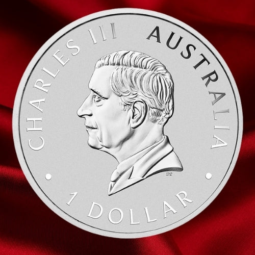 Obverse: King Charles III portrait on the Australian Swan silver coin, with Australia and 1 Dollar inscriptions.