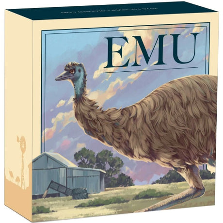 Shipper box: Illustrated packaging for the 2026 Australian Emu silver coin, featuring an emu beside an outback shed beneath a pastel-coloured sky.