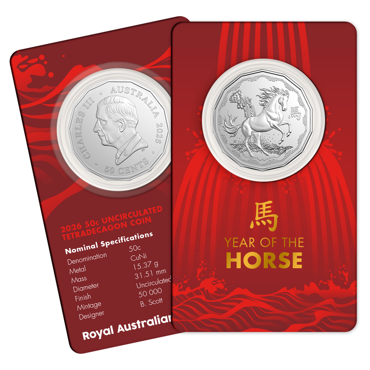 Silver coin in a red holder with 'Year of the Horse' text and details.