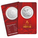 Silver coin in a red holder with 'Year of the Horse' text and details.