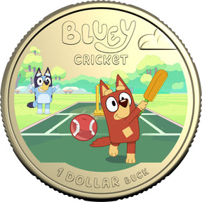 Reverse: Australia 2027 Bluey Cricket coloured $1 coin showing Rusty batting, a red cricket ball and Bluey cheering beside the pitch.