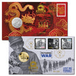 A set of collectible items including a stamp and a coin cover featuring the Perth Mint's 2024 ANZAC $1 and the Royal Australian Mint’s 2024 Year of the Dragon 50c coins, with a vibrant red background and gold accents.