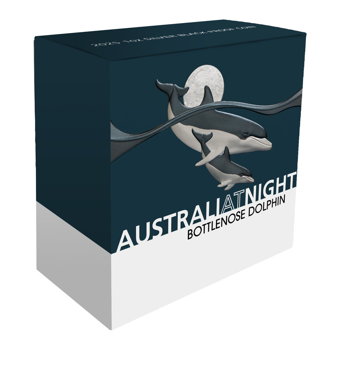 A collectible coin packaging with an illustration of a bottlenose dolphin and its calf, with the text 'AUSTRALIA AT NIGHT BOTTLENOSE DOLPHIN' on the upper part.