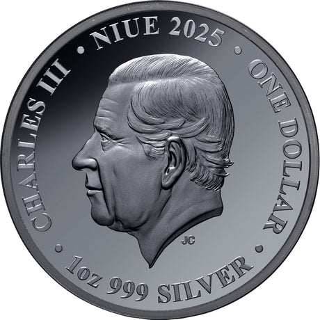 King Charles III portrait on the obverse of the Niue 2025 one dollar 1oz silver Black Proof coin