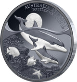 Angled reverse view of the 2025 Bottlenose Dolphin silver Black Proof coin showing the reeded edge