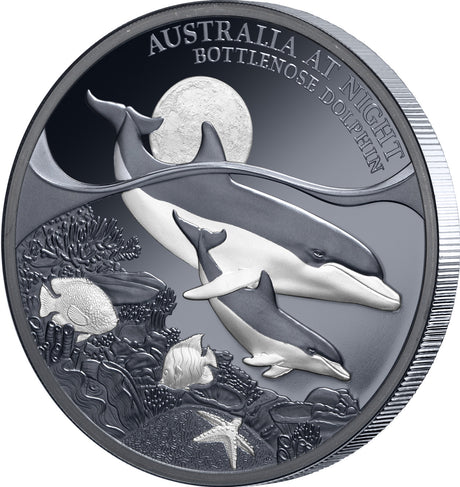 Angled reverse view of the 2025 Bottlenose Dolphin silver Black Proof coin showing the reeded edge