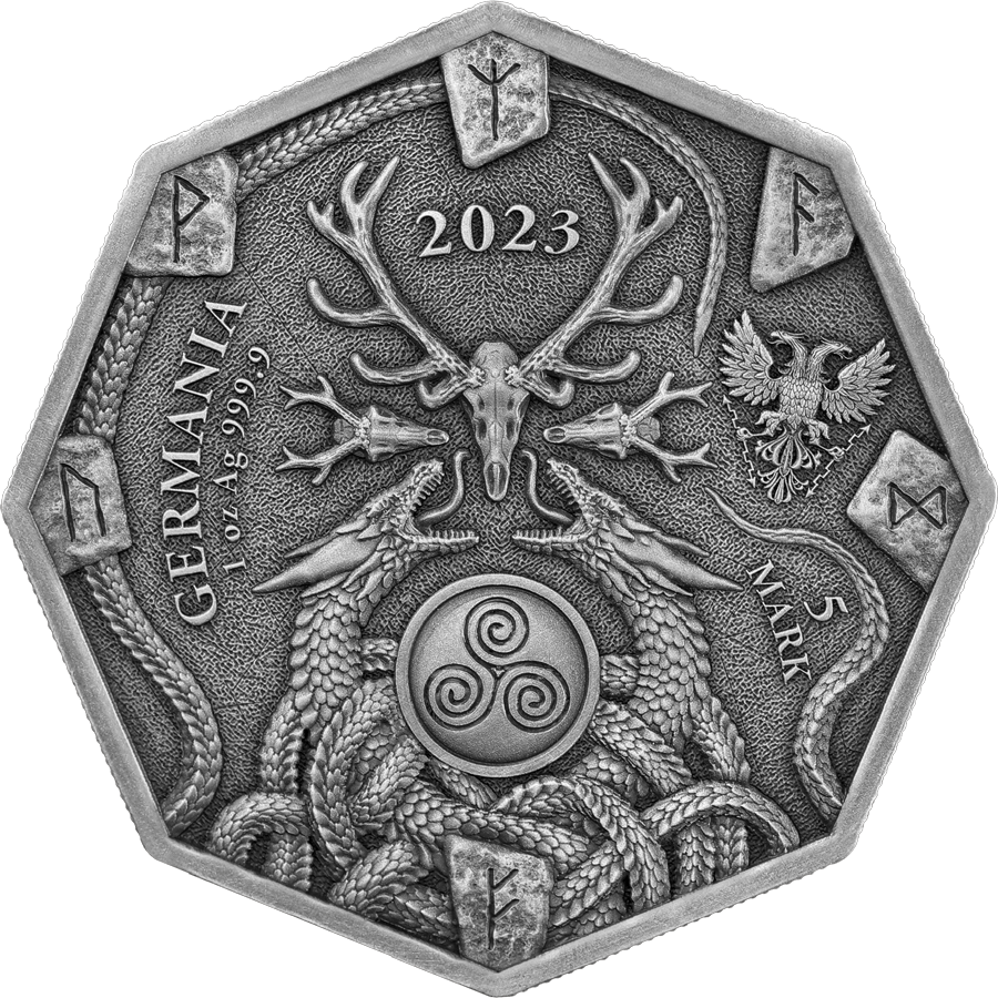Germania 2023 5 Mark Witchcraft Seeress Ritual Silver 1oz  BU Octagonal Gilded Coin and UV Effect Obverse