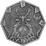 Germania 2023 5 Mark Witchcraft Seeress Ritual Silver 1oz  BU Octagonal Gilded Coin and UV Effect Obverse
