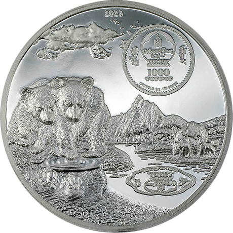 Mongolia 2023 1000 Togrog BROWN BEAR Growing Up 2 Oz High Relief Silver Proof