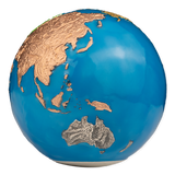 Globe with blue and gold coloring on a white background
