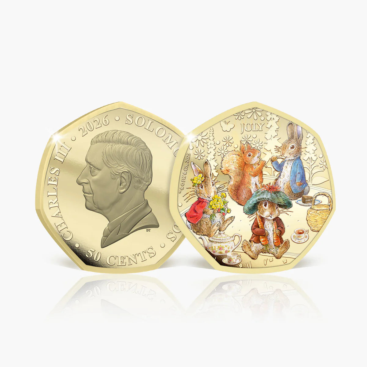 Two gold coins featuring a portrait and illustrated characters on a white background