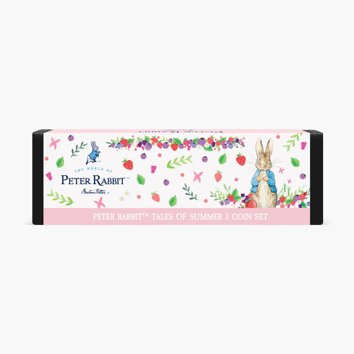 Peter Rabbit Tales of Summer 3 Coin Set in a decorative pink and white illustrated box with watercolor-style drawings of Peter Rabbit, strawberries, flowers, and leaves.