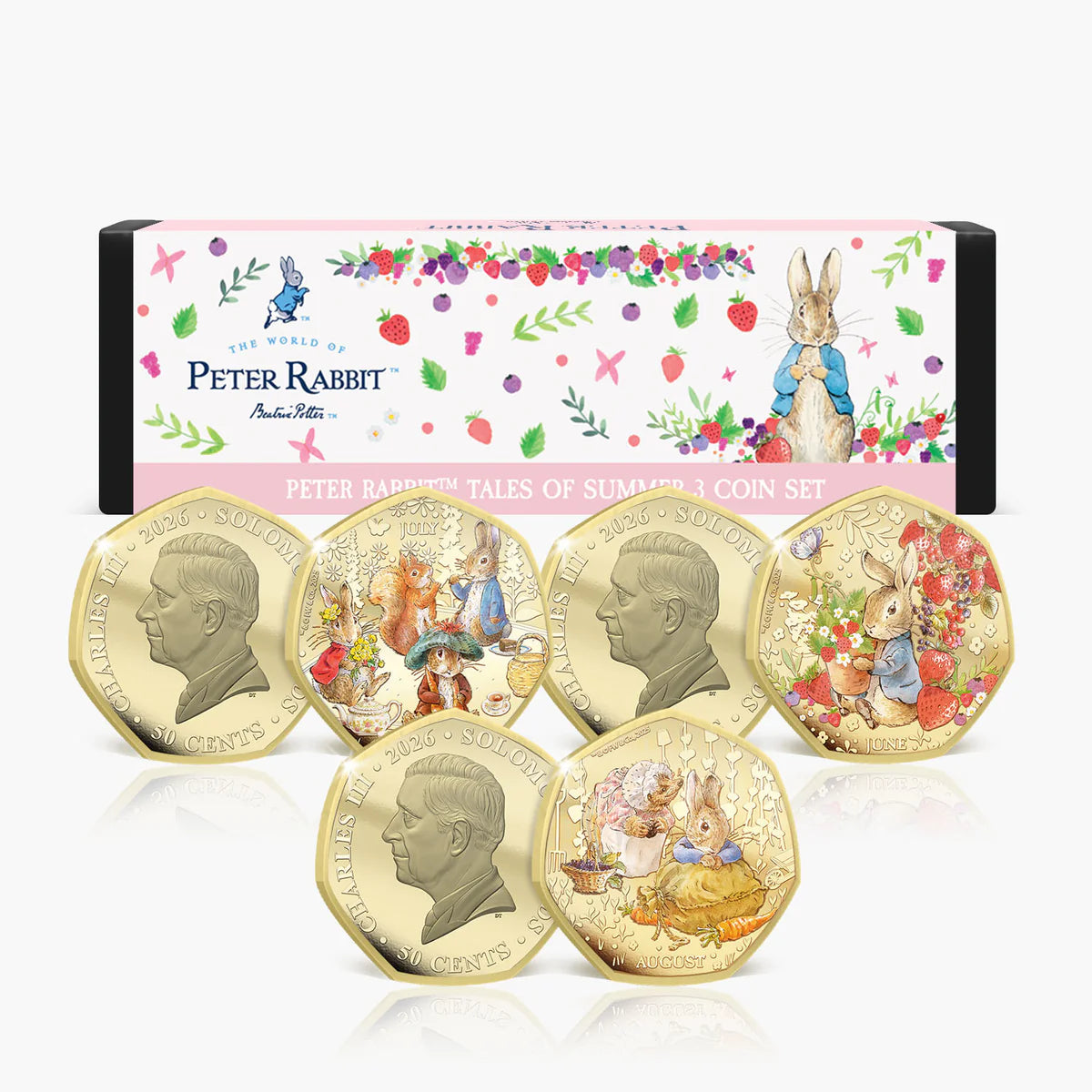 Peter Rabbit Tales of Summer 3 Coin Set featuring five gold-plated coins with illustrations of Peter Rabbit and Beatrix Potter characters, displayed in front of their illustrated pink and white packaging box.