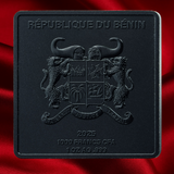 A square black commemorative coin or medallion featuring the Republic of Benin coat of arms and text reading '2025 1000 FRANCS CFA 1 OZ AG .999', shown against a red satin-like fabric background.
