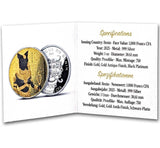 Two coins, one gold and one silver, displayed with their specifications on a white background.