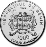 Silver coin with Benin's coat of arms and text 'République du Bénin' and '1000 Francs CFA' on a white background.
