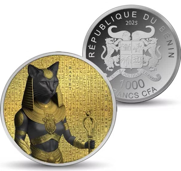 Two coins, one with a black cat in Egyptian pharaoh costume and hieroglyphs, the other with a Benin Republic emblem.