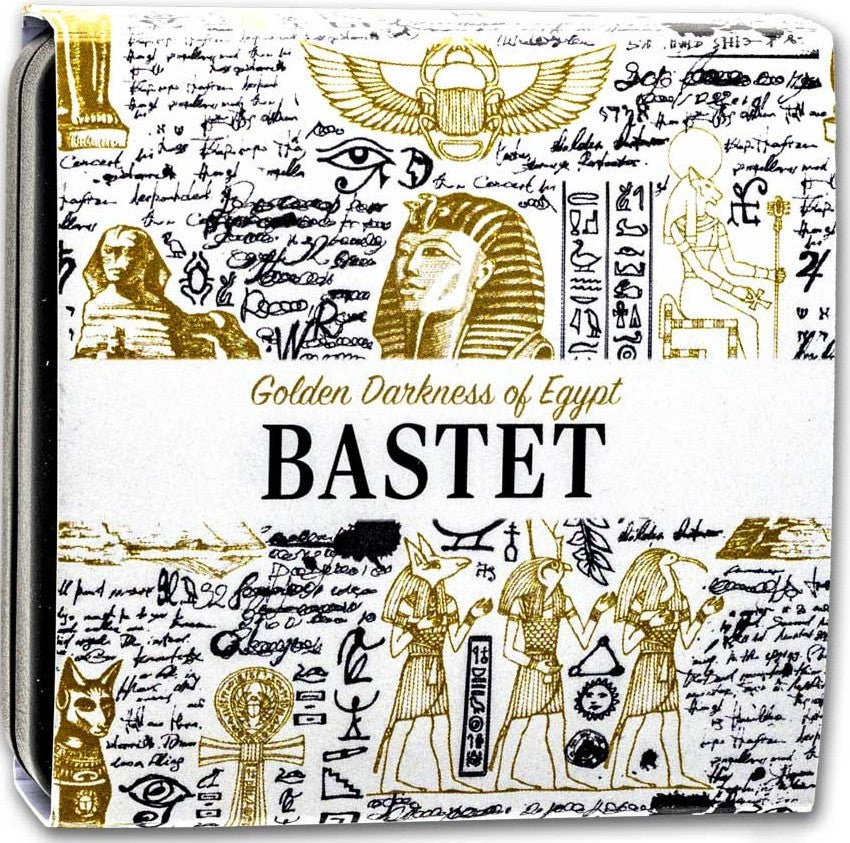 Product packaging with Egyptian-themed design and text 'Golden Darkness of Egypt Bastet'.