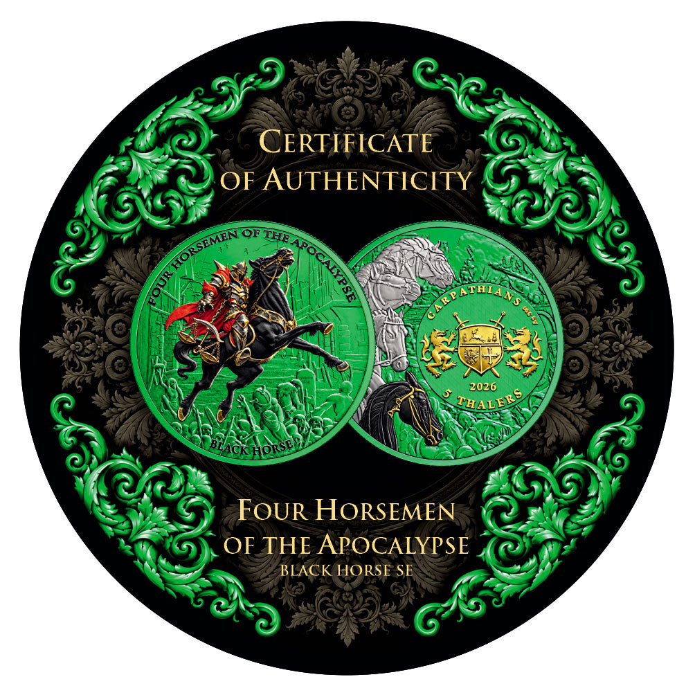 PRE-ORDER Carpathian Mint 2026 5 Thalers Four Horsemen of the Apocalypse Black Horse – Space Green 1 oz .999 Silver Coin